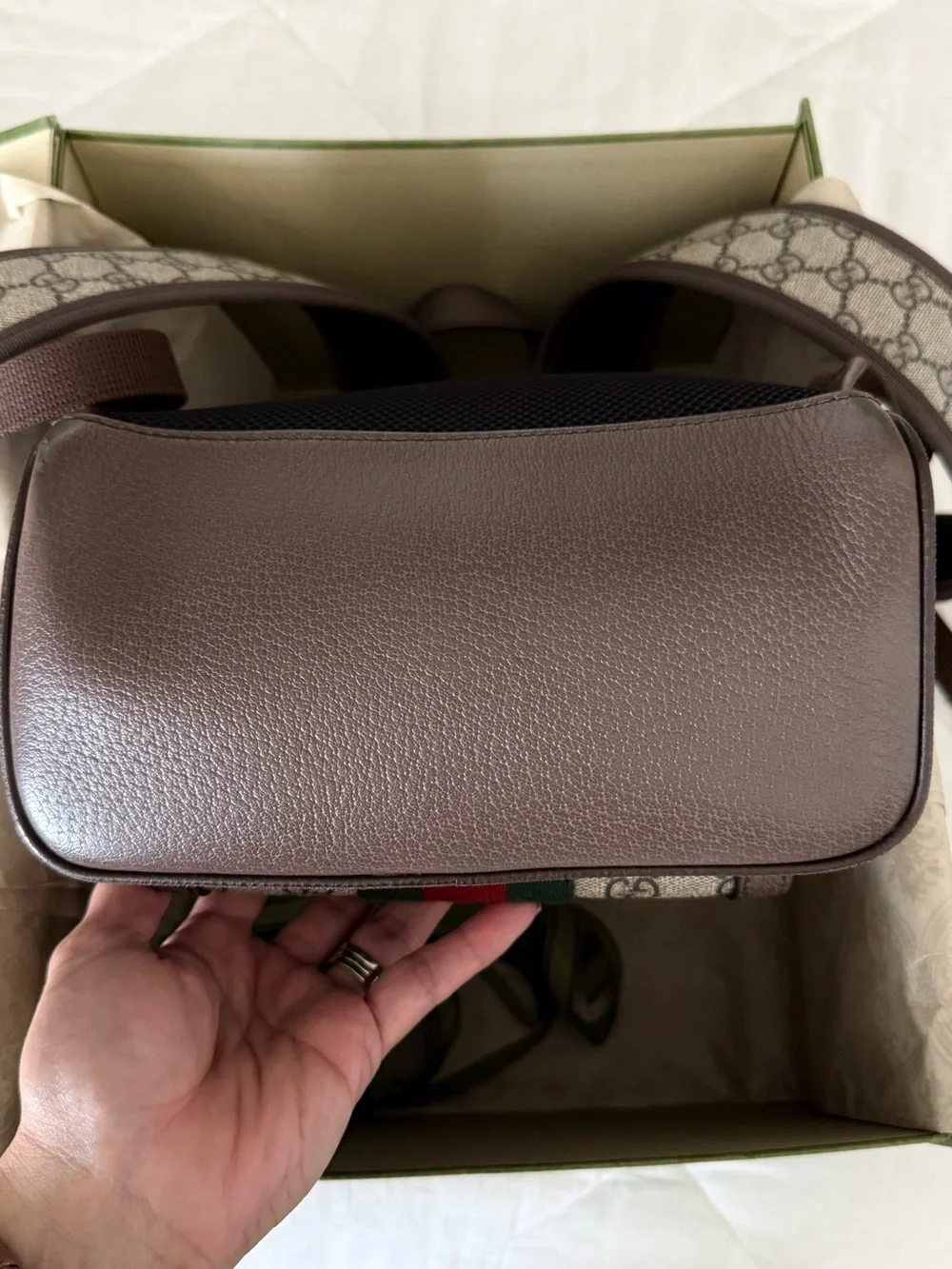 Gucci Beige GG Supreme Canvas Backpack with Green-Red Web Stripe